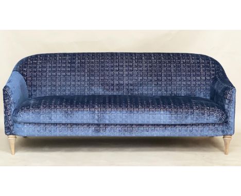 SOFA, Art Deco style blue geometric weave upholstery with curved back, outswept arms and tapering supports, 180cm W. 