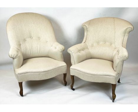 BERGERES, 91cm H x 79cm and 99cm H x 74cm, two similar Napoleon III walnut in light fabric. (2) 