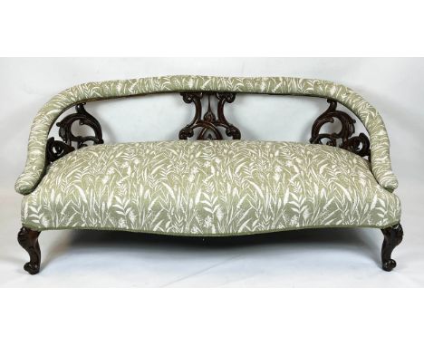 SOFA, 66cm H x 167cm, mid Victorian rosewood in green and white wheat sheaf and leaf patterned fabric. 