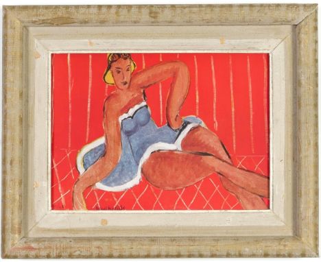 Henri Matisse, Jeune femme rouge, Off set lithograph signed in the plate, Vintage French frame, 20 x 27.5cm. 