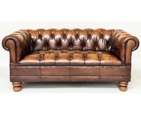 CHESTERFIELD SOFA, 180cm W, nicely aged mid brown buttoned leather with curved back and arms. 