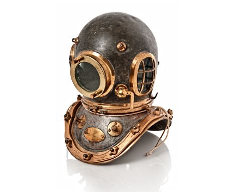 A 12-BOLT DIVING HELMET AND SUIT BY SIEBE, GORMAN & CO LTD, tinned overall, the bonnet numbered ‘18178’ and fitted with spit-