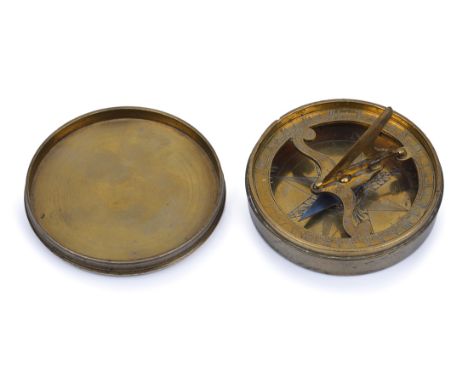 A RARE POCKET COMPASS SUNDIAL BY JOHN FOWLER, CIRCA 1730, constructed in engraved brass with black wax filling, folding gnomo