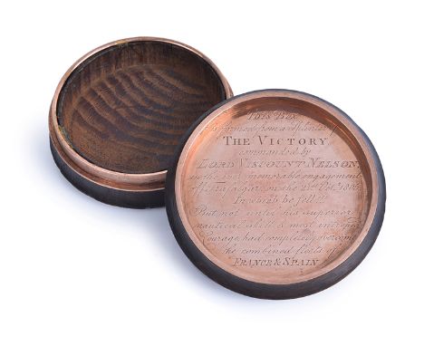AN EARLY 19TH-CENTURY GOLD-LINED SNUFF BOX MADE FROM VICTORY TIMBER, the lid, with vacant plaque space, lined with unmarked g