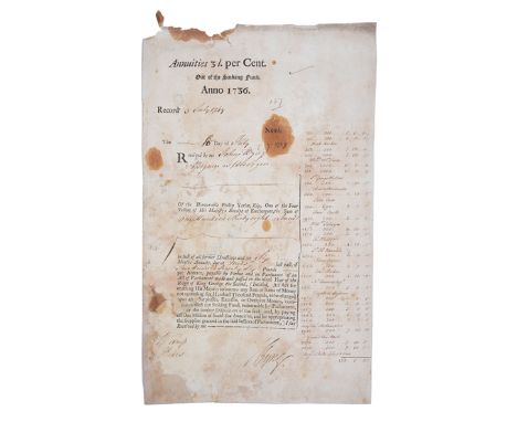 ADMIRAL BYNG: AN AUTOGRAPH RECEIPT FOR PRIZE MONEY, dated 10th July 1749 for the amount of £138.0.0, printed standard form on
