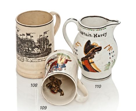 A LATE 18TH-CENTURY CREAMWARE MUG COMMEMORATING THE BATTLE OF THE NILE, with transfer print design of the action inscribed Th