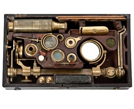 A ‘JONES MOST-IMPROVED’-TYPE MICROSCOPE MAGAZINE BY JOHN BLEULER, LONDON, CIRCA 1800, in lacquered brass, signed on the main 