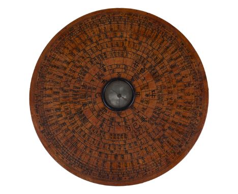 AN EARLY 20TH-CENTURY CHINESE GEOMANCER’S COMPASS, carved from the solid with needle suspended over mother-of-pearl surface a