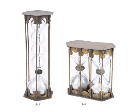 AN EARLY 19TH-CENTURY FRENCH TWIN-BULB TIMER, for 15 and 30 minute duration, each conjoined with cloth and wire and containin