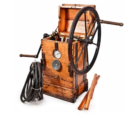 AN EARLY 20TH-CENTURY THREE-CYLINDER SINGLE DIVERS’ PUMP, with painted iron frame, eccentric crank shaft to cylinders stamped