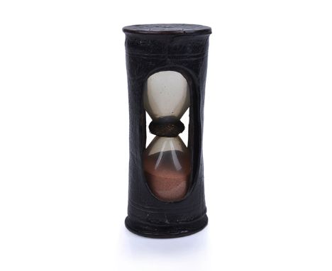 AN 18TH-CENTURY MARINER’S PORTABLE ½ HOUR WATCH GLASS, with hand-blown bulbs conjoined with twine and wire binding, filled wi