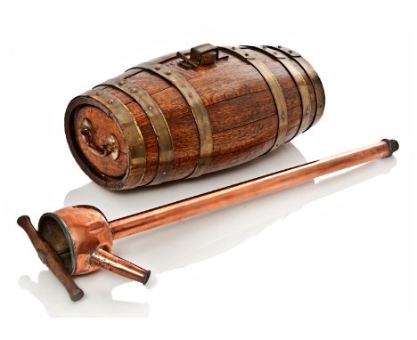 A ROYAL NAVY SIX GALLON BARRICOE AND RUM PUMP, the barricoe coopered in oak with brass binding, wooden bung with shaped hasp 