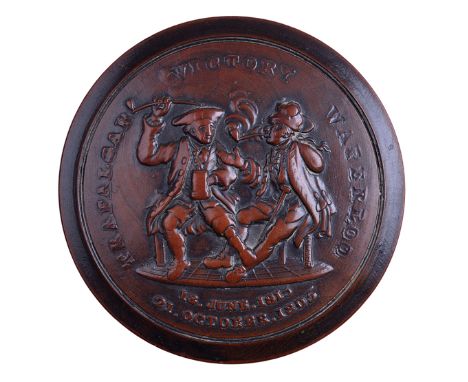 A COMMEMORATIVE TRAFALGAR/WATERLOO PRESSED WOOD SNUFF BOX, the lid depicting two veterans smoking in a tavern, inscribed arou