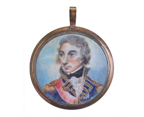 A MINIATURE PORTRAIT MEDALLION OF LORD NELSON, CIRCA 1810, in oils after Daniel Orme, contained within period gold pendant wi