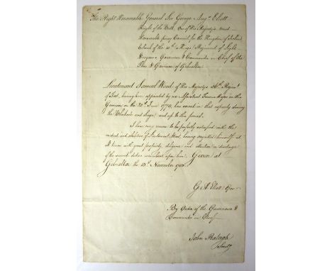 THE GREAT SIEGE OF GIBRALTAR, 1783, a manuscript commendation for Lt. Samuel Wood of the 56th Regiment of Foot for his servic