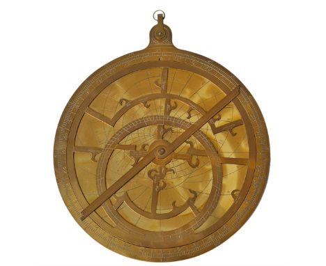 A MODERN BRASS PLANISPHERIC ASTROLABE, after Jean Fusoris (15th-Century) with single plate engraved for latitude of London, t