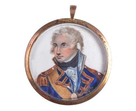 A MINIATURE PORTRAIT MEDALLION OF LORD NELSON, CIRCA 1810, in oils after Daniel Orme, contained within period gold pendant wi