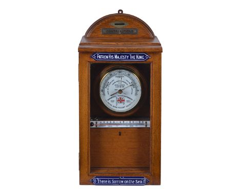 AN EDWARDIAN SHIPWRECKED FISHERMEN & MARINERS CONTRIBUTION BOX, with marine aneroid barometer signed and numbered on 4½in. op