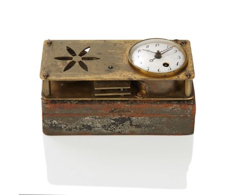 AN EARLY 19TH-CENTURY TRAVELLING ALARM CLOCK, unsigned, 1½in. enamel dial with key wind to verge watch movement within brass 