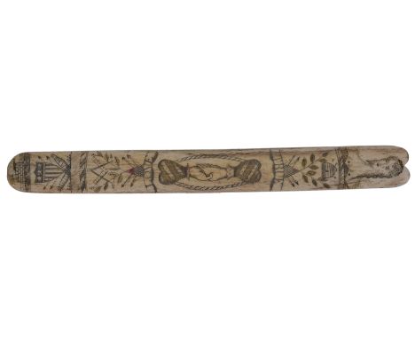 Ø A FINELY WORKED AMERICAN SCRIMSHAW-DECORATED STAY BUSK, CIRCA 1860, with detailed work over both sides comprising a whaling