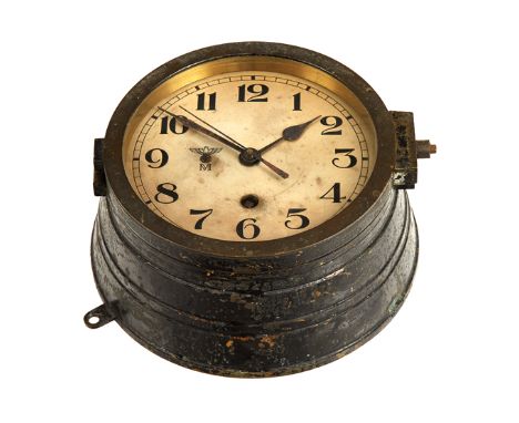 A KRIEGSMARINE U-BOAT CLOCK, unsigned, with 6¼in. polished metal dial with black-filled Arabic numerals and Kriegsmarine moti