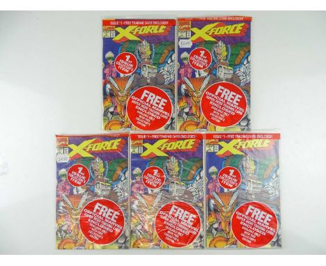 X-FORCE #1 - (5 in Lot) - (1991 - MARVEL) - All issues sealed in unopened poly bags with Trading Cards - Rob Liefeld cover &a
