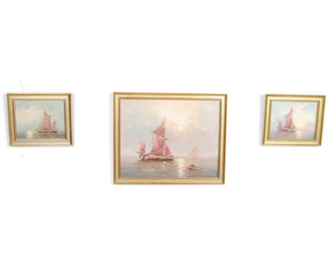 A collection of three vintage 20th century oil on canvas paintings of ships on the sea. Framed. Signed to the corner by C Ale