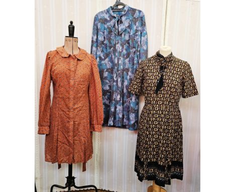 Various vintage dress of 1970's, 80's etc., a brown cotton shirt dress, box pleats, puff shoulders, Peter Pan collar labelled