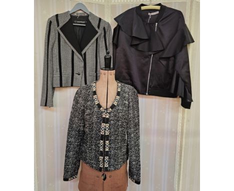 Navy and white tweed three-quarter length jacket, collarless, three button fastening labelled 'Viela', a Maison Scotch black 