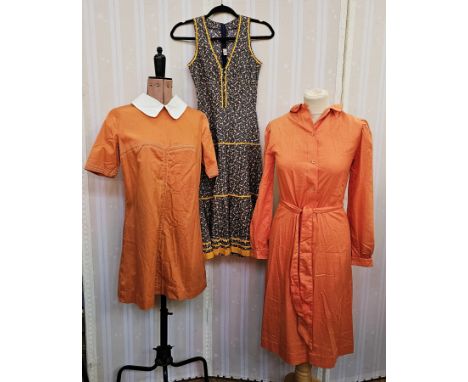 A cotton orange mini dress labelled Alastair Gowan with white saddle stitching and white Peter Pan collar, a Betty Barclay pi