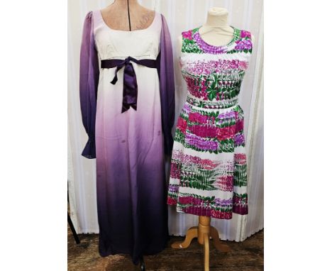 Jean Varon purple and cream maxi dress&nbsp;(stained), satin ribbon detail to the empire waist, a small cotton sundress&nbsp;