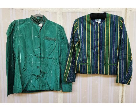 Bruce Oldfield green satin jacket, mandarin-collar, gold thread detail, shirt pocket, satin buttons, full sleeves, a striped 