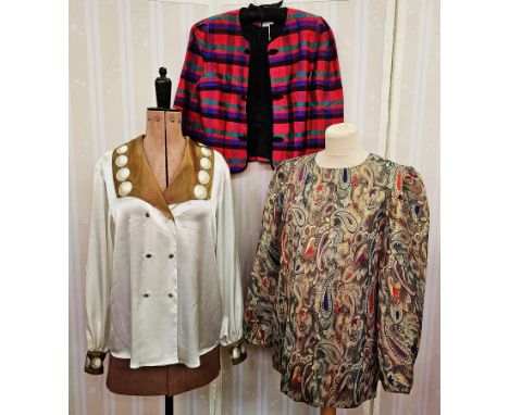1980's vintage white satin shirt&nbsp;with fawn lapels and cuffs, printed with white circles, double-breasted with fawn satin