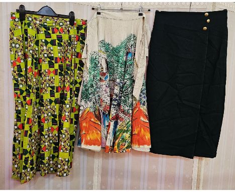 Assortment of vintage skirts&nbsp;to include printed cotton, green wool, wraparound skirt, striped skirt, ethnic denim skirt 
