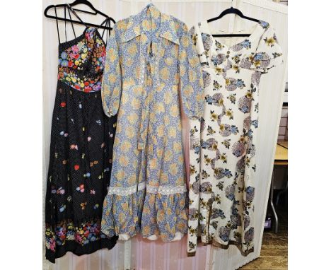 10 various 1970's dresses&nbsp;to include Marion Donaldson black velvet bodice with white skirt printed with black spots, ang