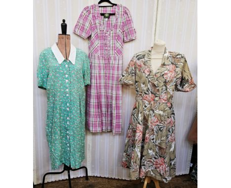 Quantity of 1970's vintage dresses&nbsp;to include a green cotton shirt dress, white button fastening, printed with small flo