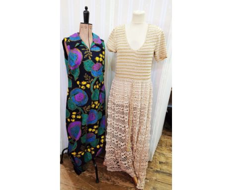 Quantity of various 1970's maxi dresses&nbsp;to include a sleeveless A-line full-length black dress printed with purple, gree