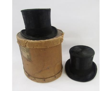 Two vintage top hats, one with the royal crest stamped inside and the other labelled Scott &amp; Co hatters to HM the King, O
