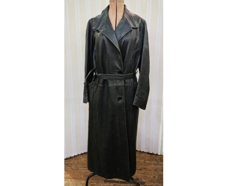 Vintage full-length leather coat&nbsp;labelled 'Harrods', with a black and white dog tooth check wool lining, tie belt, stitc