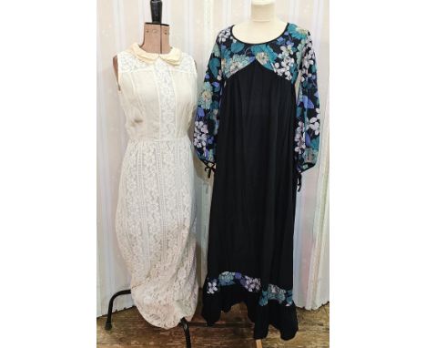 Eight various vintage dresses, 1960's/70's sleeveless maxi dress in polyester and crocheted, labelled 'Quod', a black maxi dr