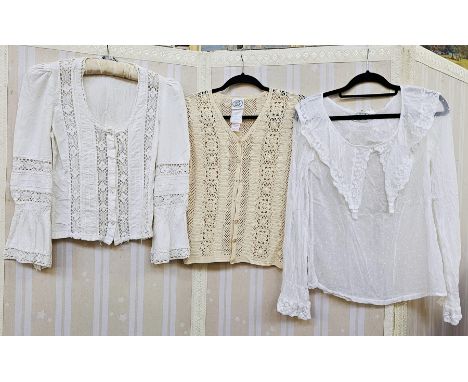 Laura Ashley white cotton blouse&nbsp;labelled 'Laura Ashley, Made in Wales', size 12, a Laura Ashley crocheted cardigan&nbsp