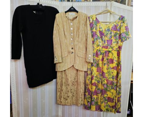 Jean Muir black wool crepe shift dress, size 10, a Patsy Seddon labelled mustard-coloured linen suit with mother-of-pearl but