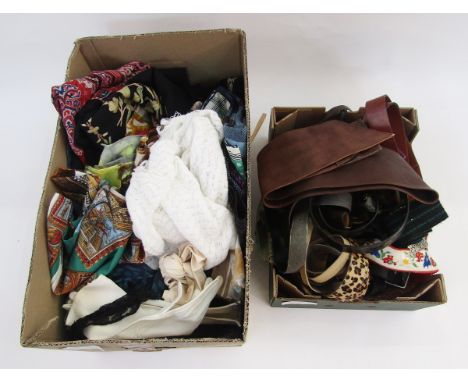 Quantity scarves&nbsp;to include blue cut velvet floral embroidered black wool, Liberty tie, quantity belts and a box of belt