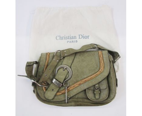 Christian Dior leather Gaucho saddlebag in mottled sage green and tan, wear commensurate with age, the body of the bag 36cm x