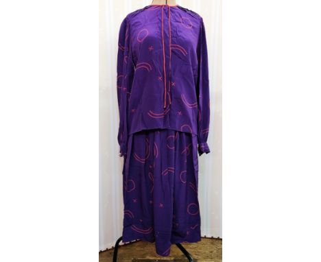 Zandra Rhodes London for Jack Mulqueen Limited silk top and skirt, purple printed with red circles, crosses and squiggles, pi