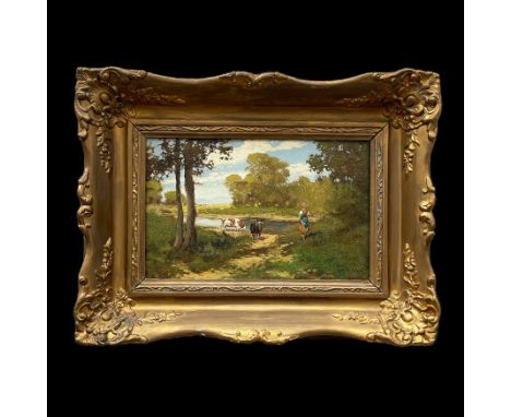 Neogrady, Laszlo (Budapest 1896 - 1962)"Sommerliche Landschaft"; Hirtin mit 2 Kühen an einem Teich am Waldrand; ÖL/LW; rechts