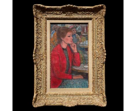 Gall, Francois (Cluj-Napoca 1912 - 1987 Paris)"Im Café"; junge Frau in roter Jacke an einem Tisch im Café sitzend; dahinter w