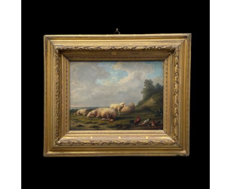 Vandeverdonck, Francois (Belgien 1848 - 1875)"Ruhende Schafherde und Hühner" in weiter Landschaft; ÖL7Holz; unten rechts sign