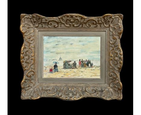 Boudier, E. (2. H. 19. Jh.)"Belebte Strandszene", Öl/Holz; rechts unten signiert sowie links unten datiert 1885; 18 x 23 cm; 