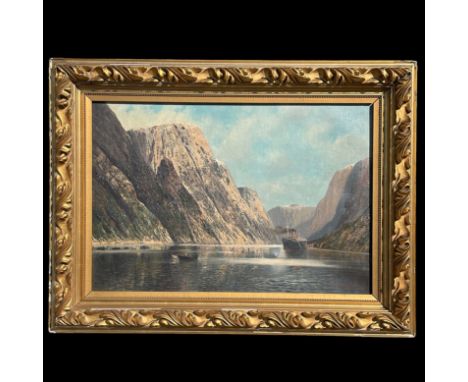 Othegraven, Moses von (19./20.Jh.)"Fjordlandschaft" mit Dampfer und 2 Ruderboote mit verschiedenen Personen besetzt; ÖL/LW; r
